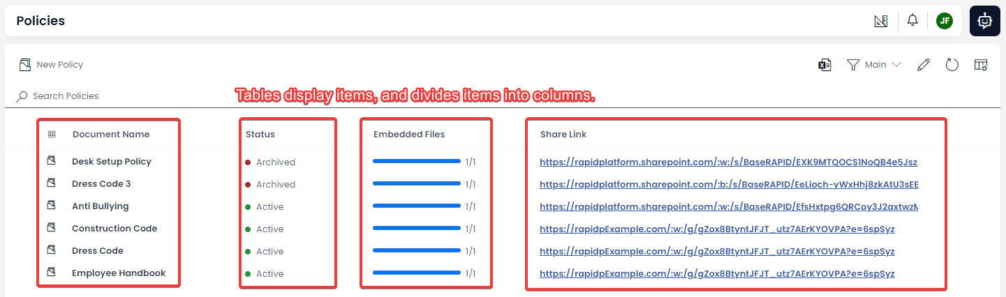 A screenshot that shows how data tables display items. Each item is broken up into columns, so that similar data types of items can be compared easily. The screenshot is annotated with red boxes, and a red text label that states &quot;tables display items, and divide items into columns&quot;.